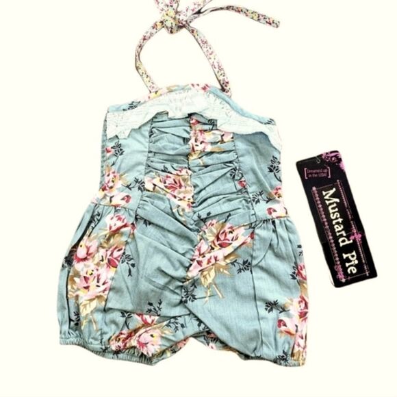 NWT Mustard Pie Floral & Gray Ruched Baby Bubble Romper - Picture 9 of 9